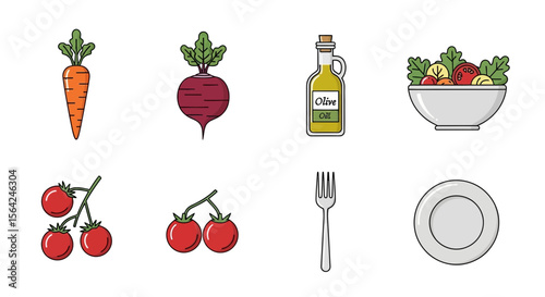 Vector healthy eating concept with fresh vegetables, salad, olive oil, fork and plate for balanced diet plan