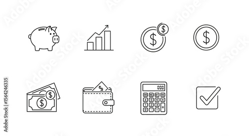 Vector financial planning and investment icons for business growth and money management with piggy bank and wallet