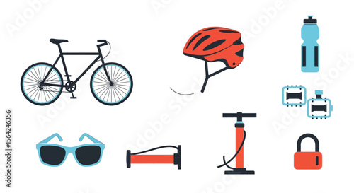 Vector bicycle accessories essentials vector illustration for cycling safety and maintenance gear items set up