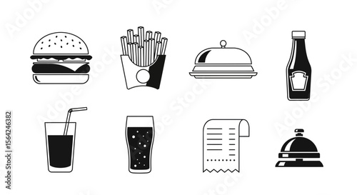 Vector restaurant food menu icons vector illustration featuring burger fries drink ketchup and service bell design 1