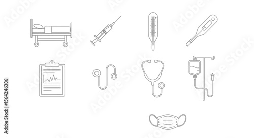 Vector medical equipment vector illustration featuring hospital bed syringe thermometer and stethoscope outline drawing