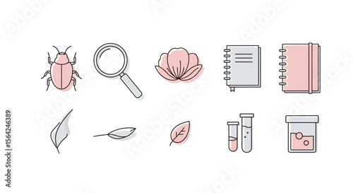 Vector botany study icons set vector illustration with flower leaf bug magnifying glass notebook and test tubes