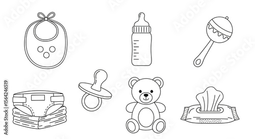 Vector baby essentials outline vector: bib, bottle, rattle, diaper, pacifier, teddy bear, and baby wipes set vector