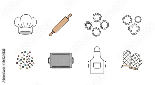 Vector baking essentials vector illustration: chef hat, rolling pin, cookie cutters, tray, apron and oven mitts
