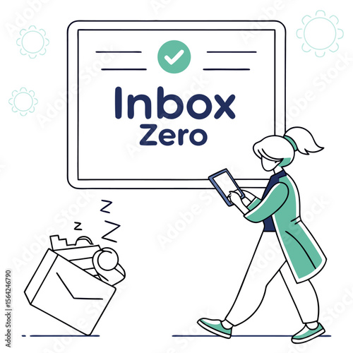 Illustration of a woman using a tablet with an inbox zero sign and sleeping email box in the background