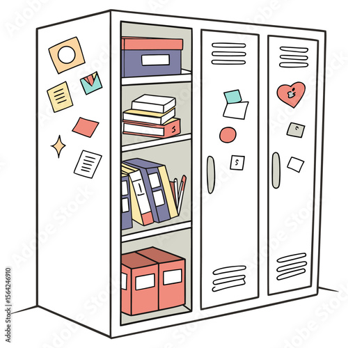 Illustration of a white locker with open shelves and closed doors decorated with magnets and stickers