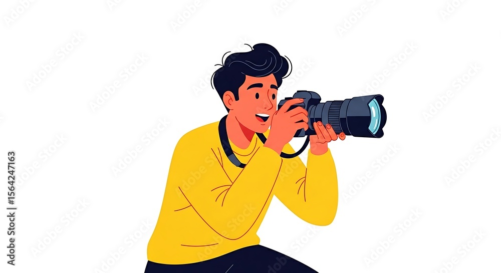 Fototapeta premium A cartoon man in yellow shirt holding a camera with a strap around his neck and smiling happily