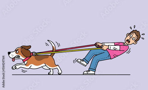 A humorous illustration depicting a man being pulled energetically by his dog on a leash