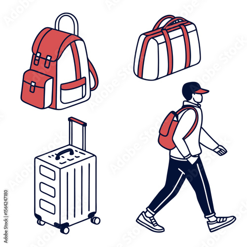 Illustration showing a man walking with a backpack and luggage including a suitcase and duffel bag design