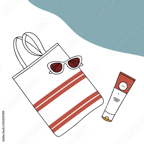 Illustration of a striped beach bag with sunglasses and sunscreen against a blue and white background