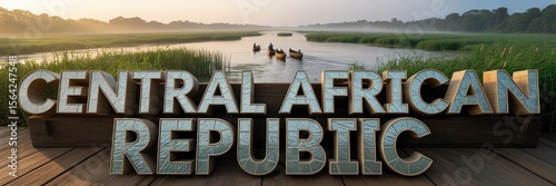 Central African Republic Text Banner Over Scenic River Landscape with Canoe, Lush Greenery, Sunrise, and Nature Reflection