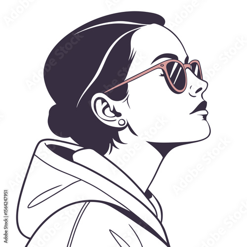 Woman wearing sunglasses looking up portrait profile