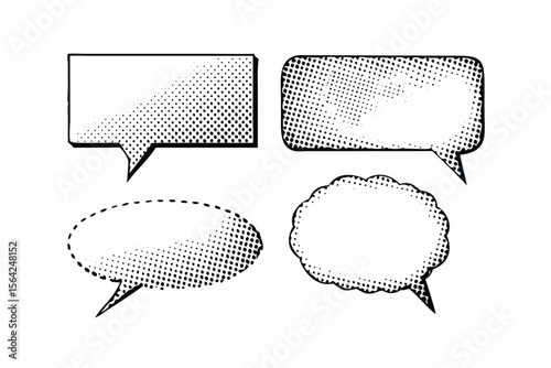 Comic Speech Bubbles Vector Engraving Set. Detailed Monochrome Dialogue Icons with Halftone Texture. Vintage Stipple & Hatching Illustrations