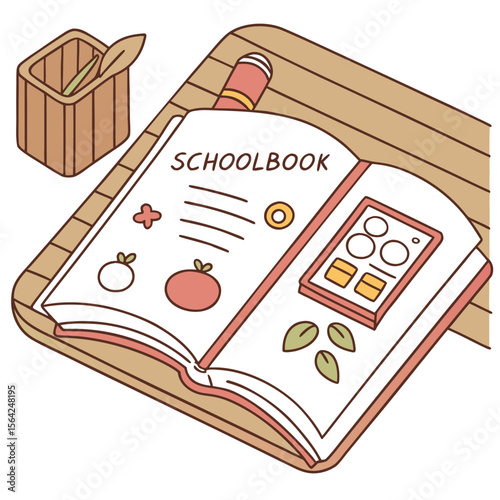Isometric view of a schoolbook open on a wooden desk with a pencil and a pen holder on the side