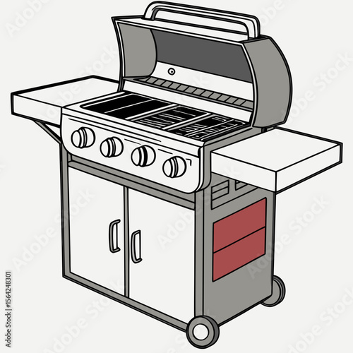 Barbecue grill with open lid and side shelves outdoor cooking