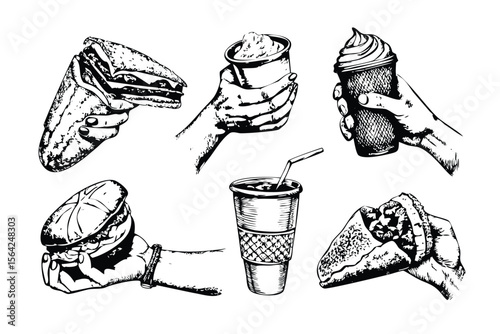 Hands Holding Food Vector Engraving Set. Detailed Monochrome Illustrations for Restaurant & Cafe. Vintage Stipple & Hatching Icons & Symbols