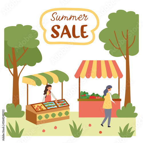 Summer sale illustration with two market stalls, trees, and two women in a park setting, promoting shopping.