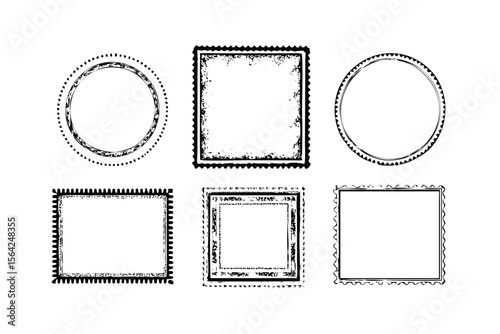 Postage Stamp Frames Vector Engraving Set. Detailed Monochrome Retro Mail Icons & Symbols. Vintage Stipple & Hatching Illustrations