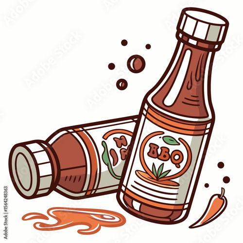 Two bbq sauce bottles with chili and splashes condiment