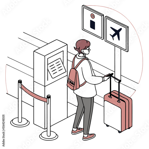 Woman with backpack and suitcase at airport check in near signs for boarding pass and airplane icon waiting line