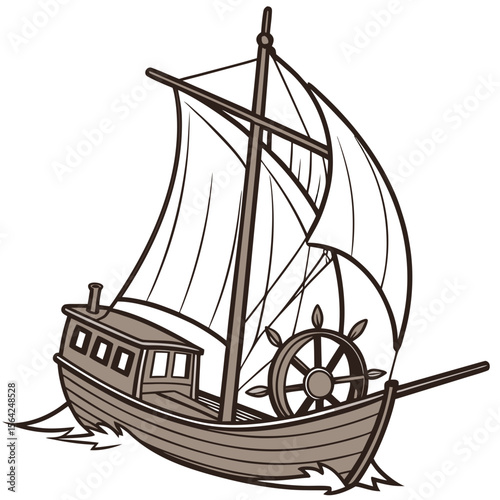 Sailing boat with brown hull and white sails ship water