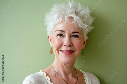 Portrait of a beautiful senior woman with short white hair and makeup