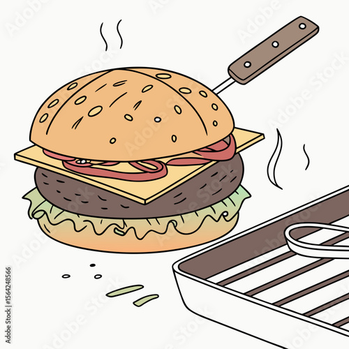 Burger cooking on grill with spatula hamburger