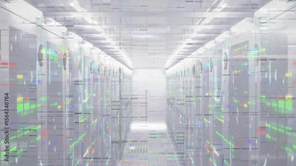 Server racks receiving faint glitch lines and pulsing RGB lights visualizing constant data flow