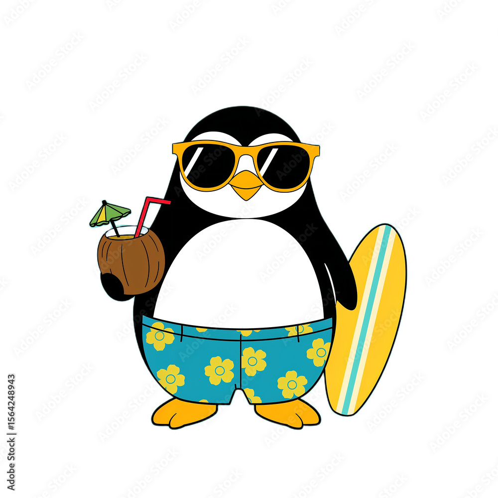 Obraz premium Cool Penguin Surfer Dude Summer Fun Illustration