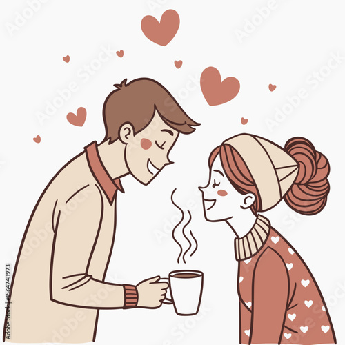 Couple sharing warm beverage with heart steam coffee