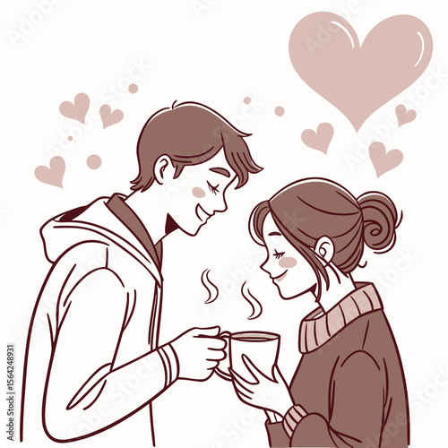 Couple sharing warm beverage with heart steam coffee