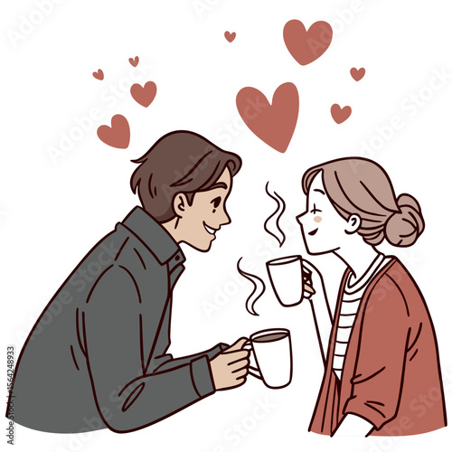 Couple sharing coffee with hearts cups steam