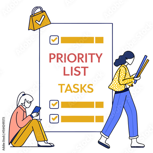Two women with a priority list of tasks and a shopping bag with a check mark on top of the list