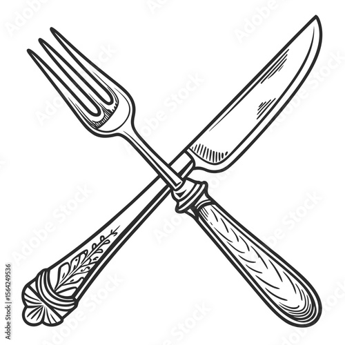 Ornate fork and knife crossed cutlery silverware