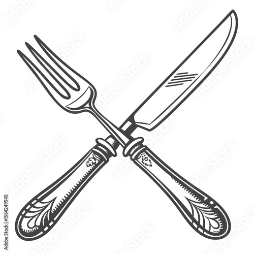 Ornate fork and knife crossed cutlery silverware
