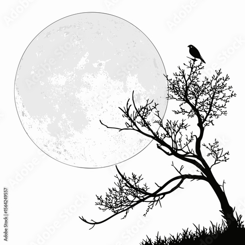 Silhouette bird perched on bare tree branches against full moon