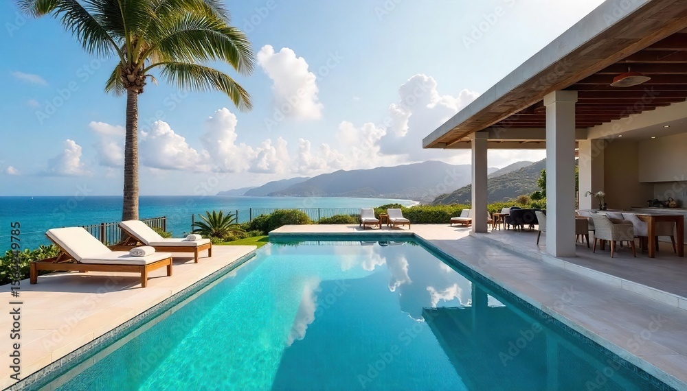 Fototapeta premium Luxurious Oceanfront Villa Rental Private Pool, Expansive Terrace, Unforgettable Vacation