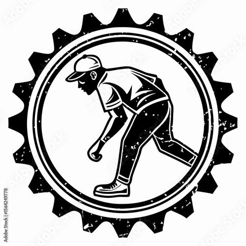 Baseball pitcher throwing ball distressed circular emblem