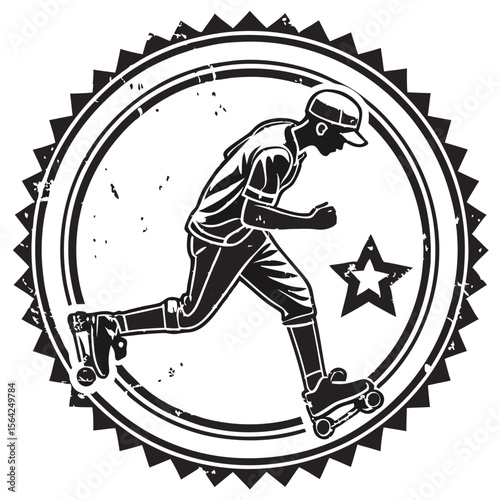 Skater running in distressed circular stamp rollerblading