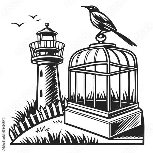 Bird cage lighthouse grass fence flying birds vector