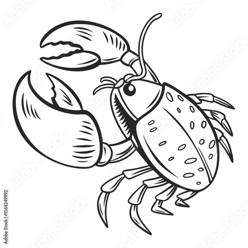 Black ink drawing of a crab with claws and legs crustacean