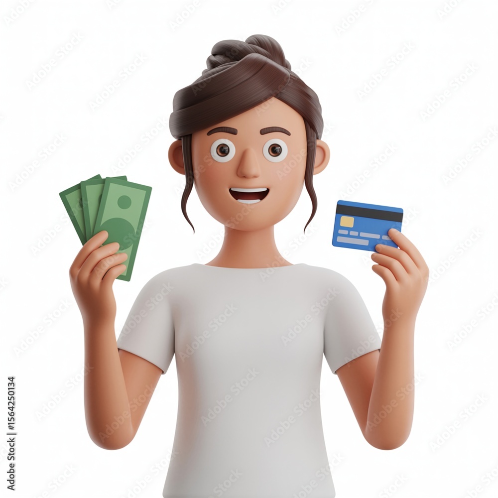 Finance & Shopping: woman, cash, credit card, smile, white background, shopping, finance, banking, success, transaction, cartoon, friendly, money Finance & Shopping: woman, cash, credit card, smile, white background, shopping, finance, banking, success, transaction, cartoon, friendly, money