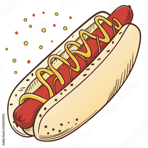 Red sausage yellow mustard bun hotdog