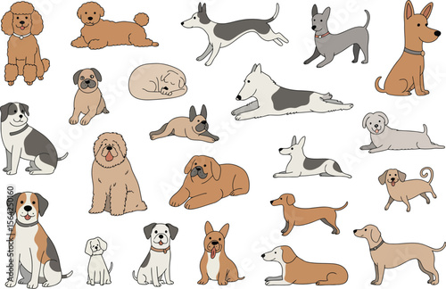 Dogs breeds illustration vector art cute puppies drawing cartoon pets design collection canine animal set