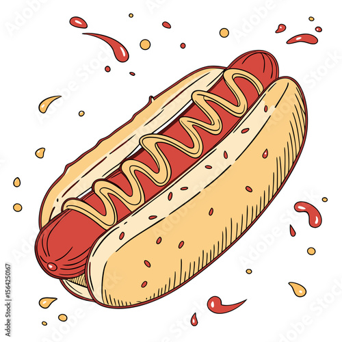 Red sausage in yellow bun with mustard splashes hotdog
