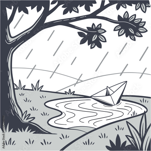 Illustration of a paper boat floating in a puddle under a tree during a rain shower in grayscale style