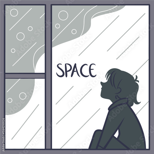 Silhouette of a person looking out a window with rain and the word space written on the glass pane