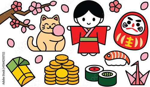Kawaii japanese lucky charms and symbols illustration of cat daruma doll sushi and origami crane art