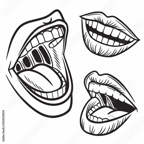 Mouth expressions with black ink shading lips teeth