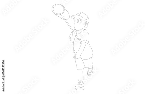 虫取り網を持って走る少年の線画イラスト